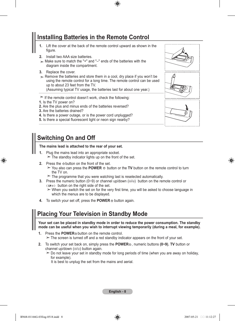 Installing batteries in the remote control, Switching on and off, Placing your television in standby mode | Samsung LE23R81B User Manual | Page 10 / 463