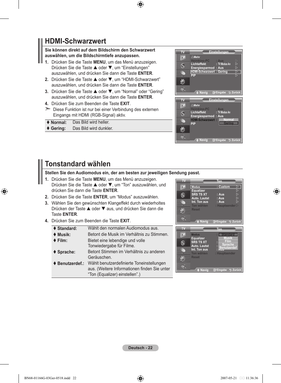 Hdmi-schwarzwert, Tonstandard wählen | Samsung LE23R81B User Manual | Page 100 / 463