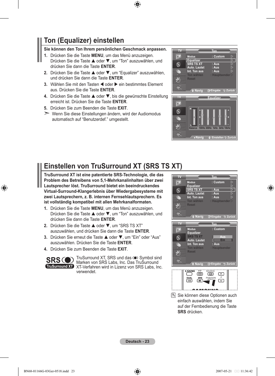 Ton (equalizer) einstellen, Einstellen von trusurround xt (srs ts xt) | Samsung LE23R81B User Manual | Page 101 / 463