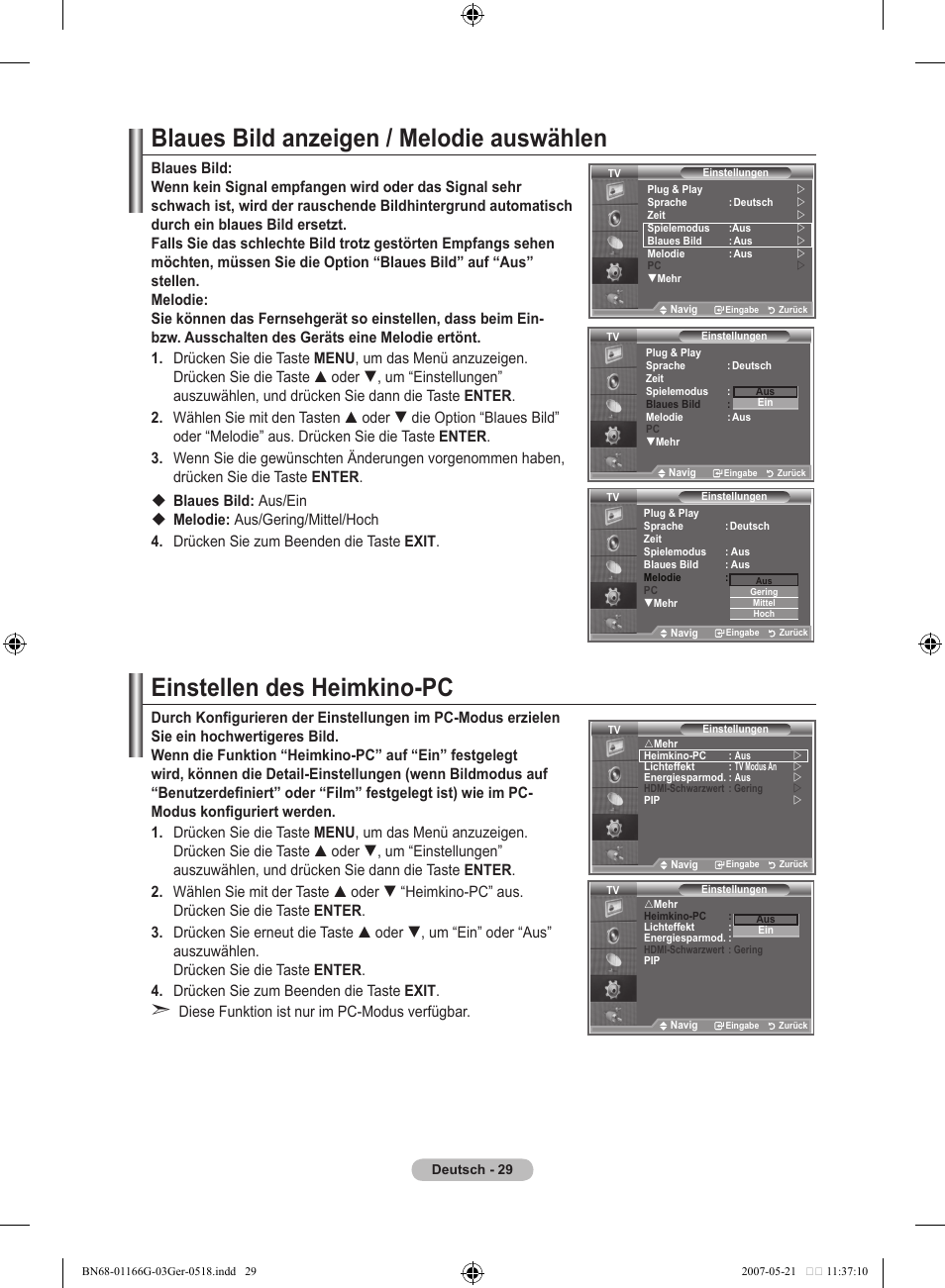 Blaues bild anzeigen / melodie auswählen, Einstellen des heimkino-pc | Samsung LE23R81B User Manual | Page 107 / 463