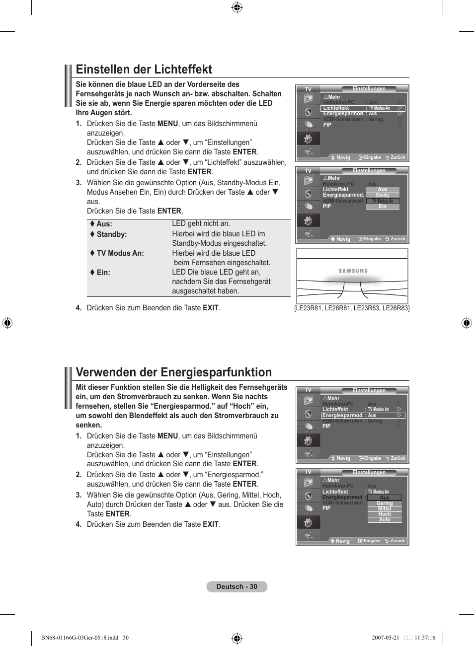 Einstellen der lichteffekt, Verwenden der energiesparfunktion | Samsung LE23R81B User Manual | Page 108 / 463