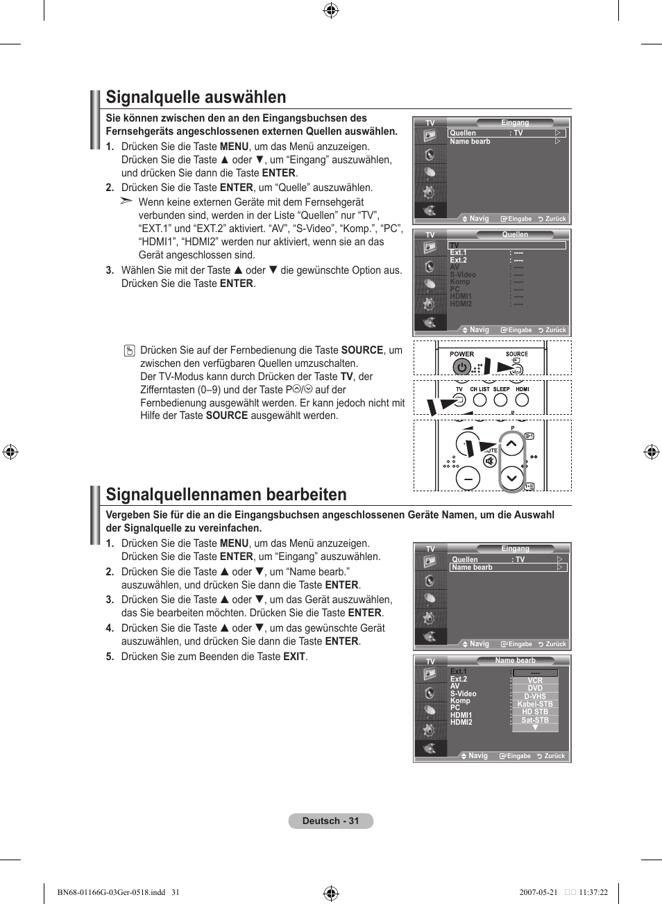 Signalquelle auswählen, Signalquellennamen bearbeiten | Samsung LE23R81B User Manual | Page 109 / 463