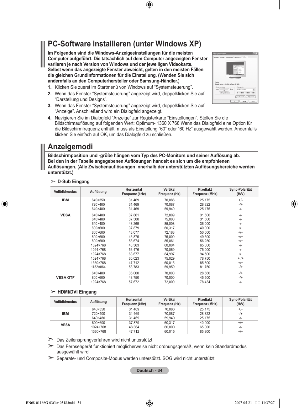 Pc-software installieren (unter windows xp), Anzeigemodi | Samsung LE23R81B User Manual | Page 112 / 463