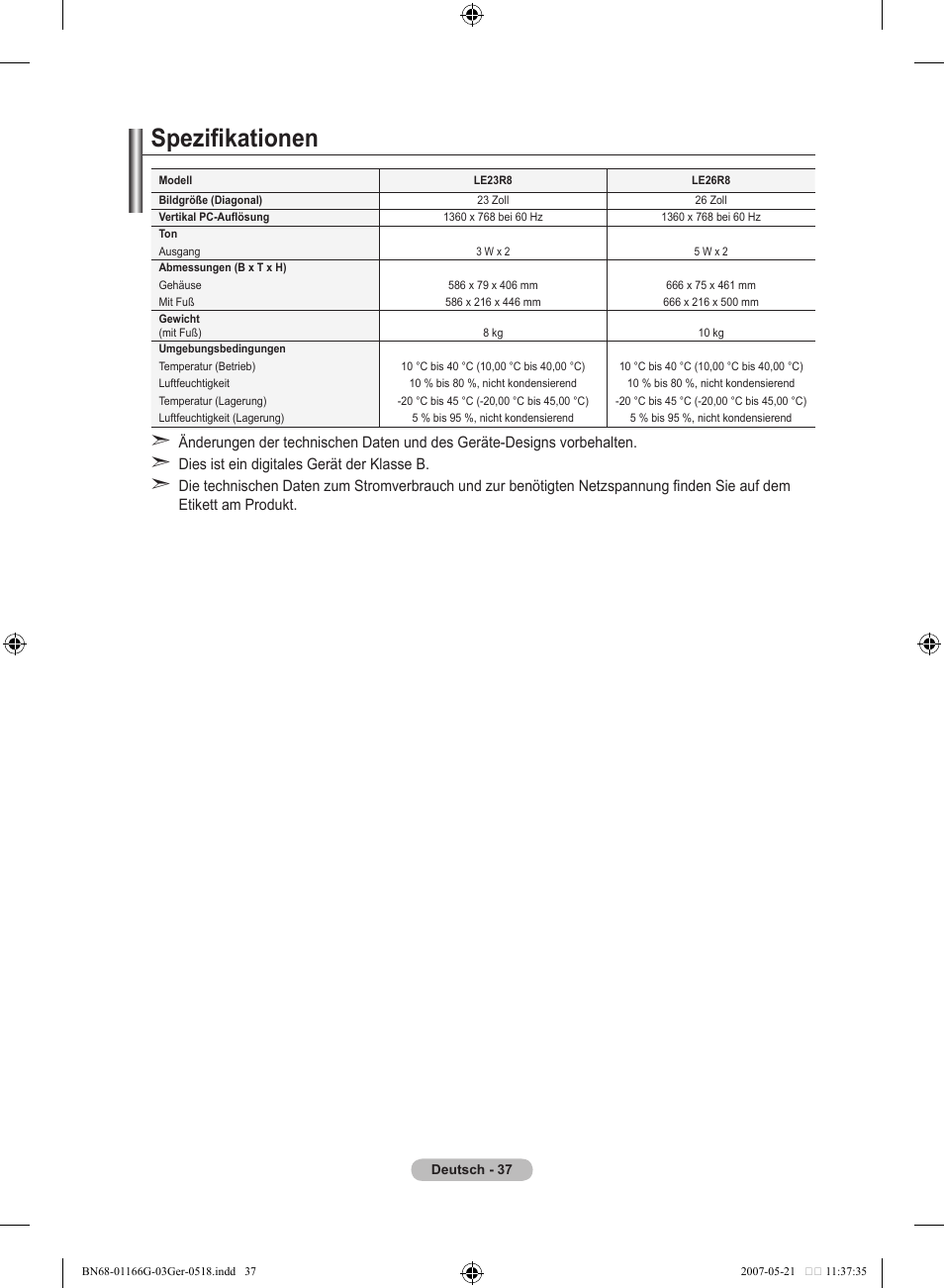 Spezifikationen | Samsung LE23R81B User Manual | Page 115 / 463