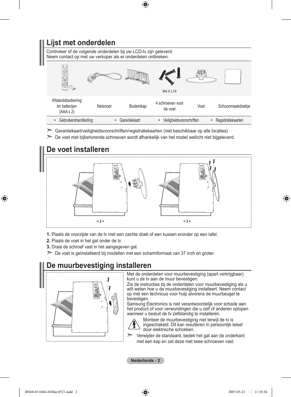 Lijst met onderdelen, De voet installeren, De muurbevestiging installeren | Samsung LE23R81B User Manual | Page 118 / 463