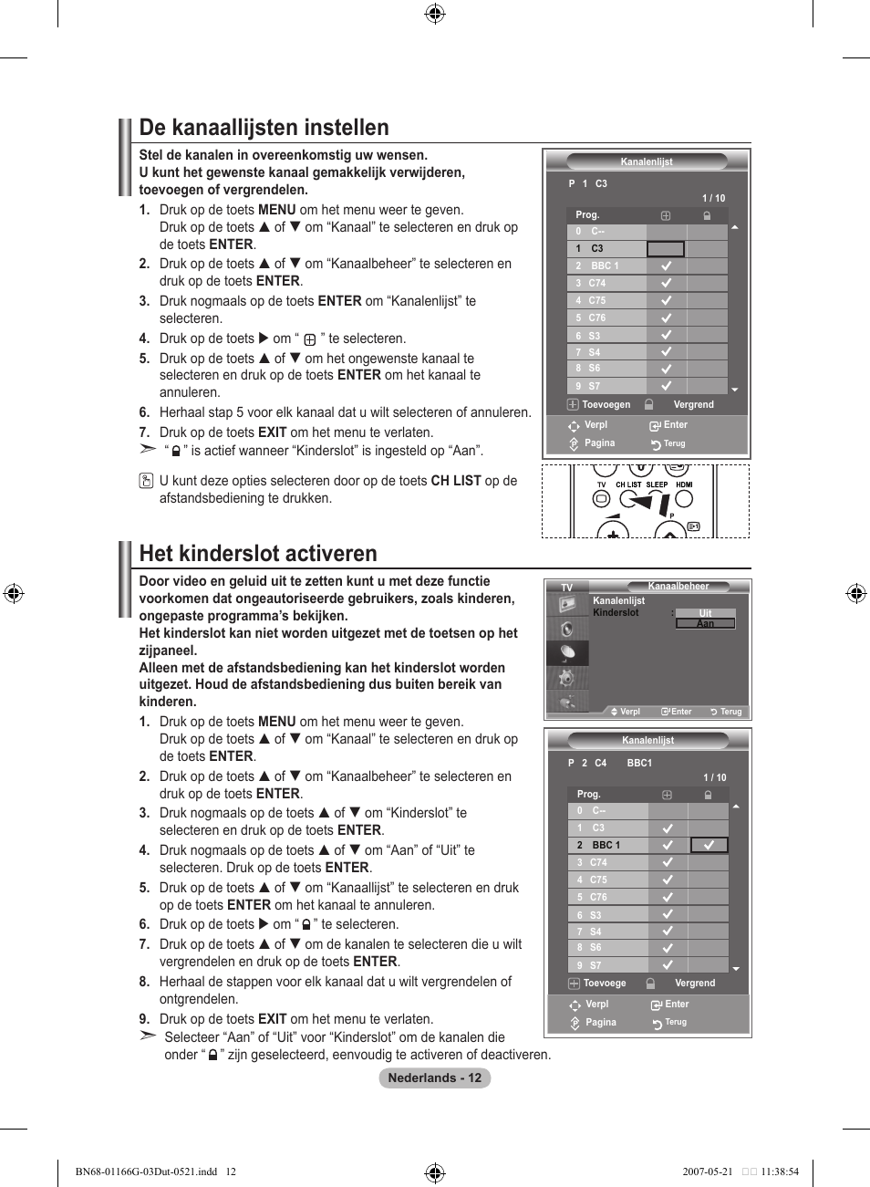 De kanaallijsten instellen, Het kinderslot activeren | Samsung LE23R81B User Manual | Page 128 / 463