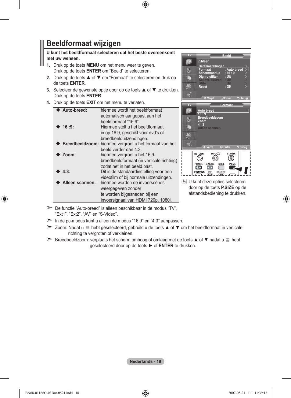 Beeldformaat wijzigen | Samsung LE23R81B User Manual | Page 134 / 463