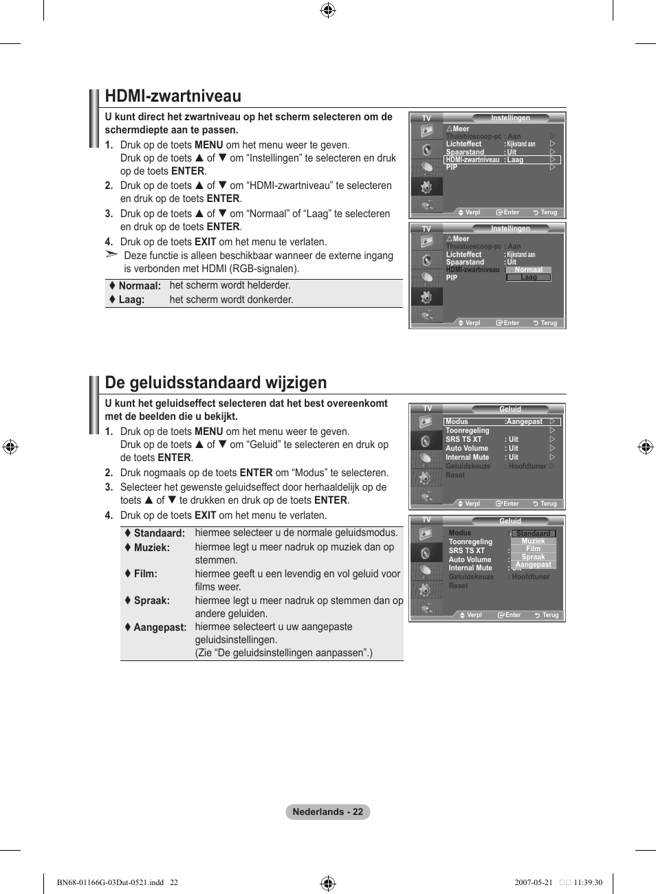 Hdmi-zwartniveau, De geluidsstandaard wijzigen | Samsung LE23R81B User Manual | Page 138 / 463