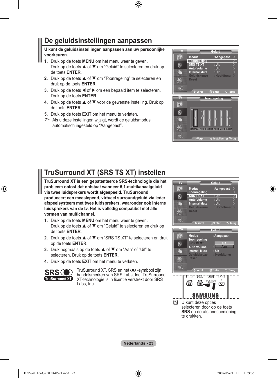 De geluidsinstellingen aanpassen, Trusurround xt (srs ts xt) instellen | Samsung LE23R81B User Manual | Page 139 / 463