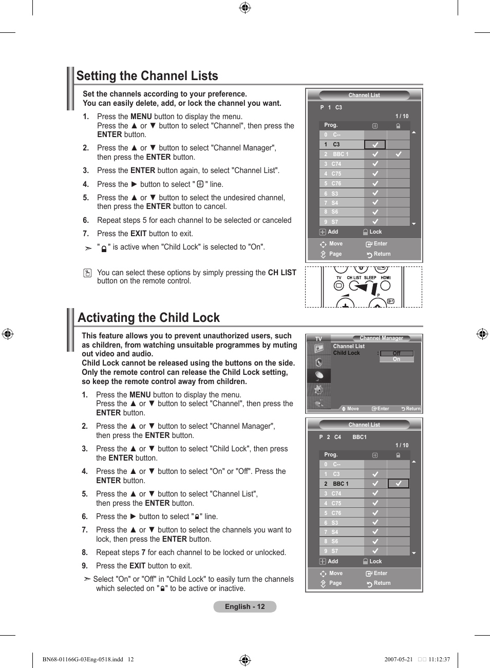 Setting the channel lists, Activating the child lock | Samsung LE23R81B User Manual | Page 14 / 463
