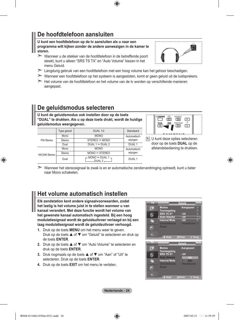 De hoofdtelefoon aansluiten, De geluidsmodus selecteren, Het volume automatisch instellen | Samsung LE23R81B User Manual | Page 140 / 463