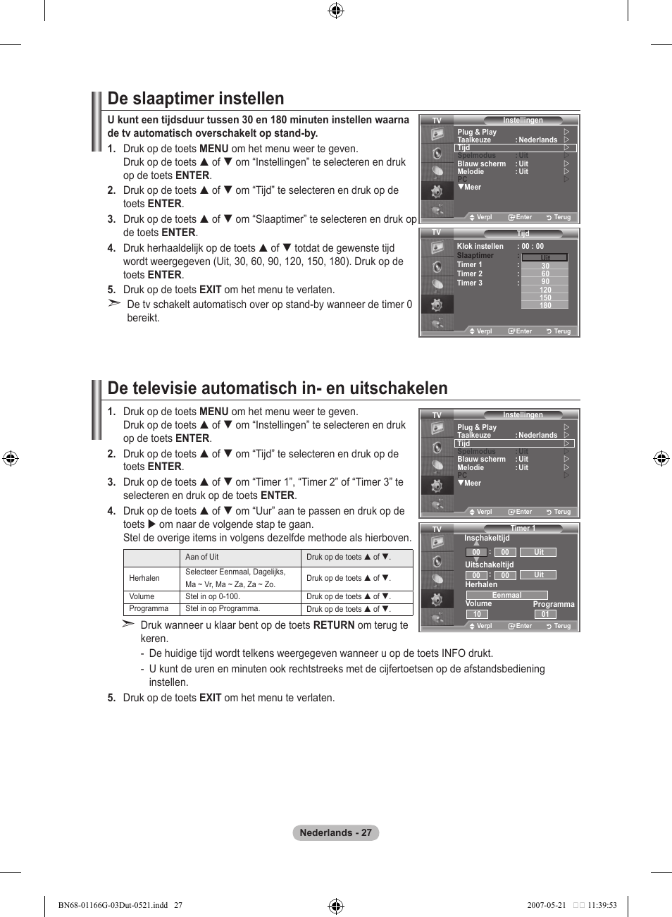 De slaaptimer instellen, De televisie automatisch in- en uitschakelen | Samsung LE23R81B User Manual | Page 143 / 463