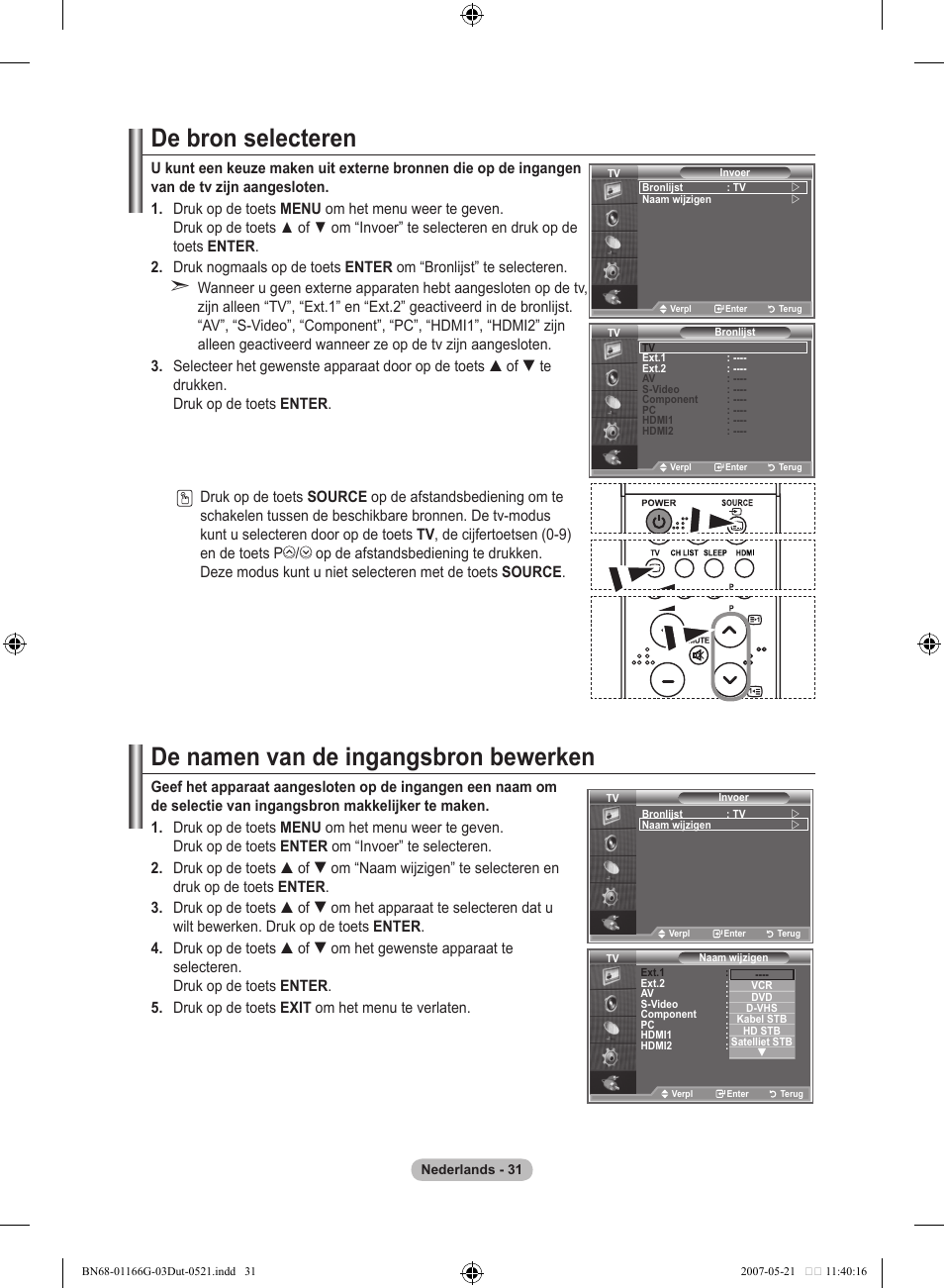 De bron selecteren, De namen van de ingangsbron bewerken | Samsung LE23R81B User Manual | Page 147 / 463
