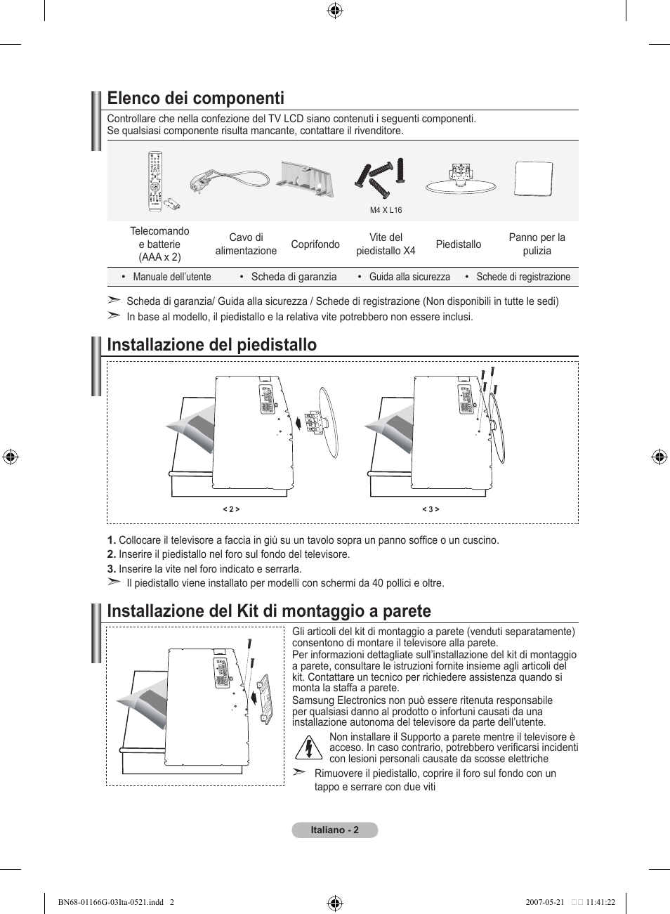 Elenco dei componenti, Installazione del piedistallo, Installazione del kit di montaggio a parete | Samsung LE23R81B User Manual | Page 156 / 463