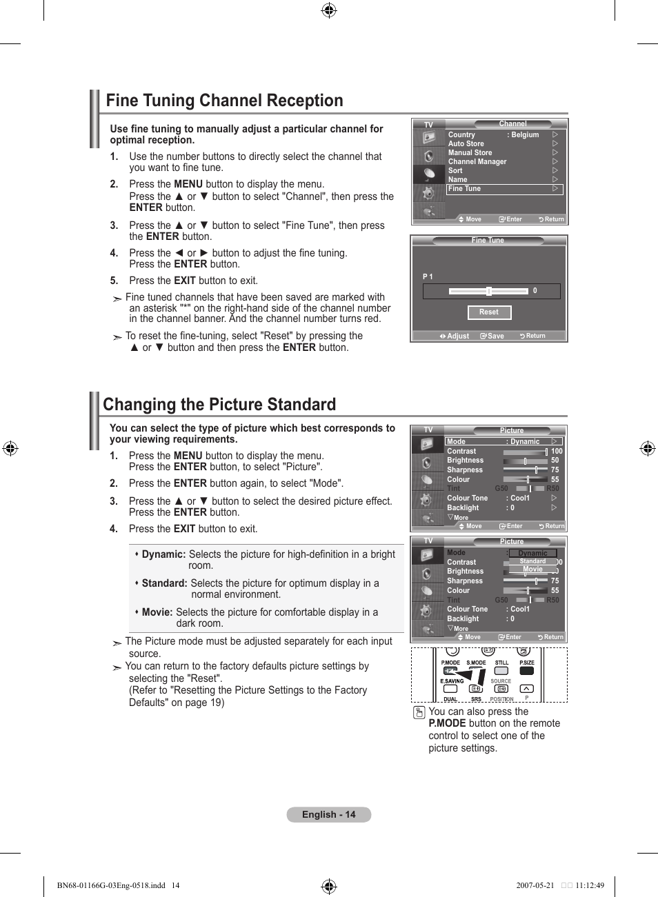 Fine tuning channel reception, Setting the picture, Changing the picture standard | Samsung LE23R81B User Manual | Page 16 / 463