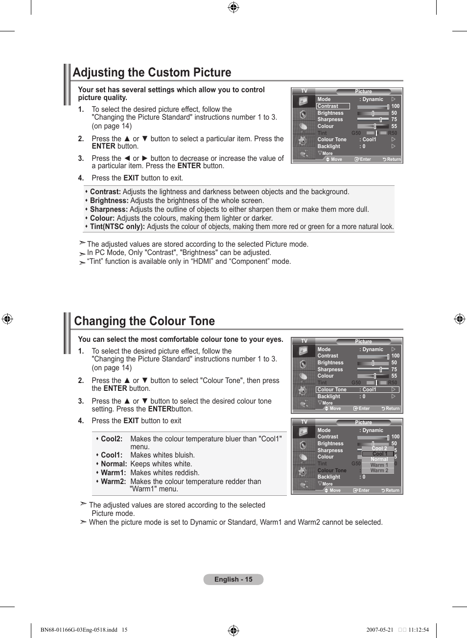 Adjusting the custom picture, Changing the colour tone | Samsung LE23R81B User Manual | Page 17 / 463