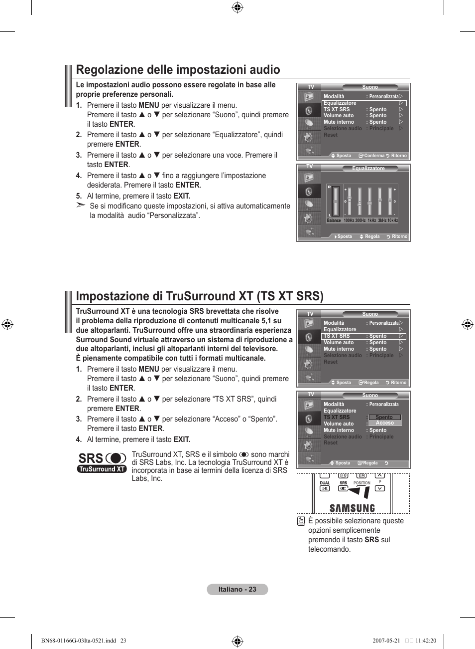 Regolazione delle impostazioni audio, Impostazione di trusurround xt (ts xt srs) | Samsung LE23R81B User Manual | Page 177 / 463