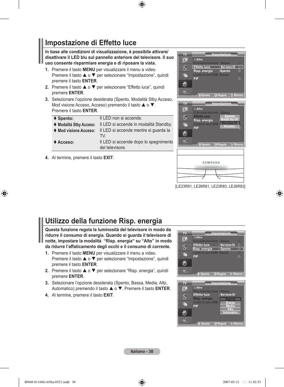 Impostazione di effetto luce, Utilizzo della funzione risp. energia | Samsung LE23R81B User Manual | Page 184 / 463