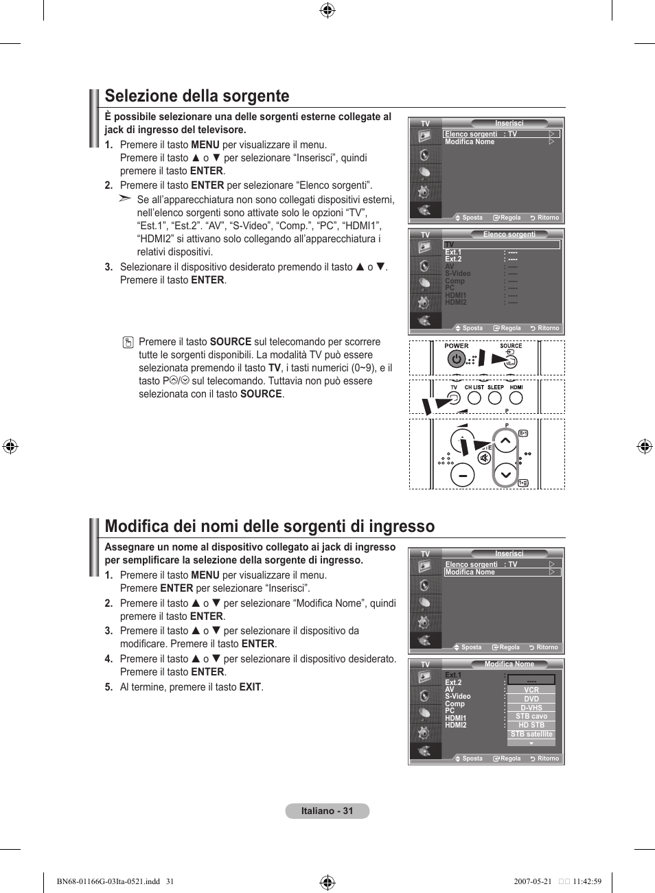 Selezione della sorgente, Modifica dei nomi delle sorgenti di ingresso | Samsung LE23R81B User Manual | Page 185 / 463