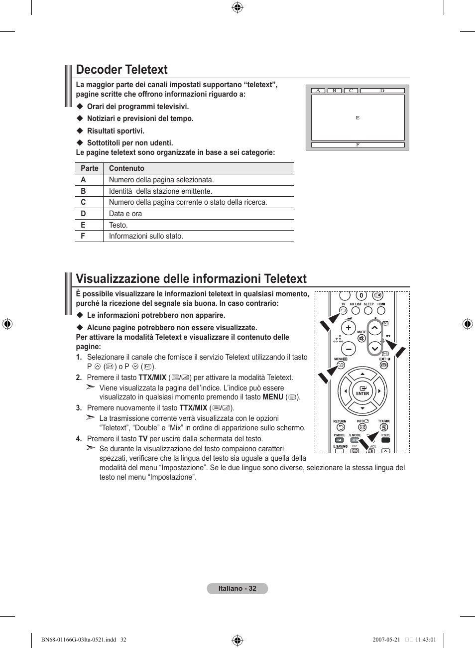 Decoder teletext, Visualizzazione delle informazioni teletext | Samsung LE23R81B User Manual | Page 186 / 463