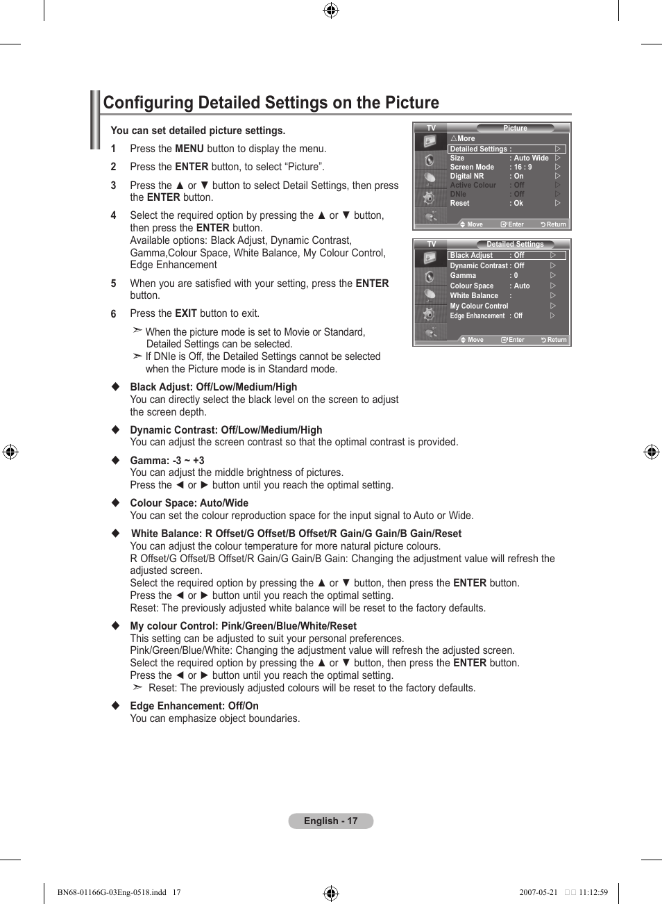 Configuring detailed settings on the picture | Samsung LE23R81B User Manual | Page 19 / 463