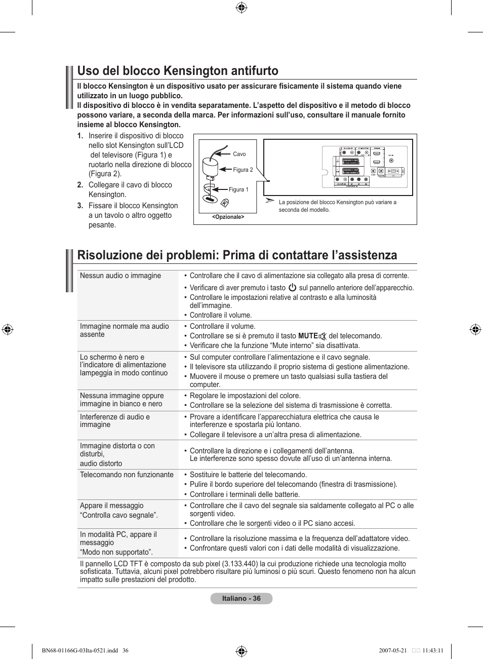 Uso del blocco kensington antifurto | Samsung LE23R81B User Manual | Page 190 / 463