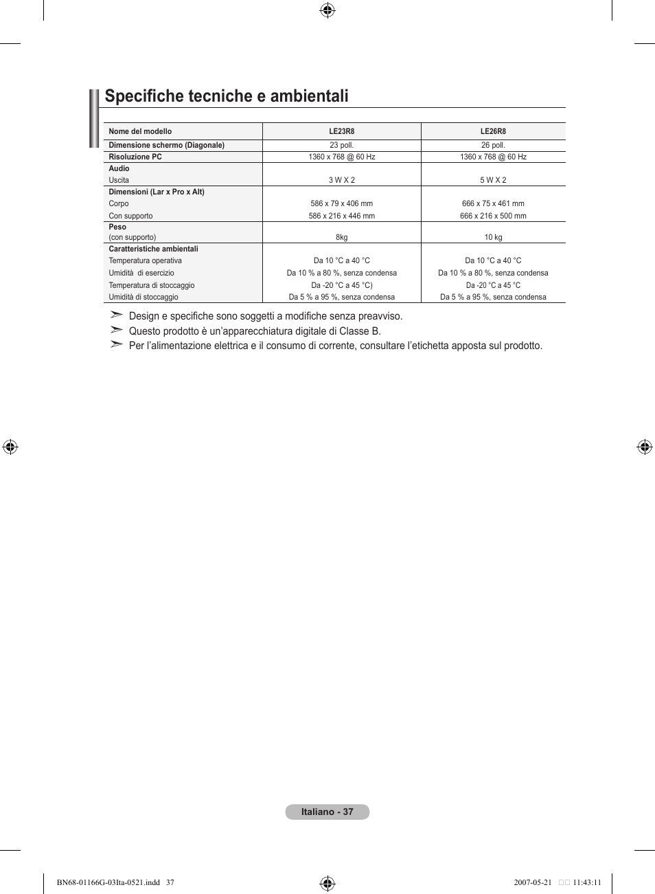 Specifiche tecniche e ambientali | Samsung LE23R81B User Manual | Page 191 / 463