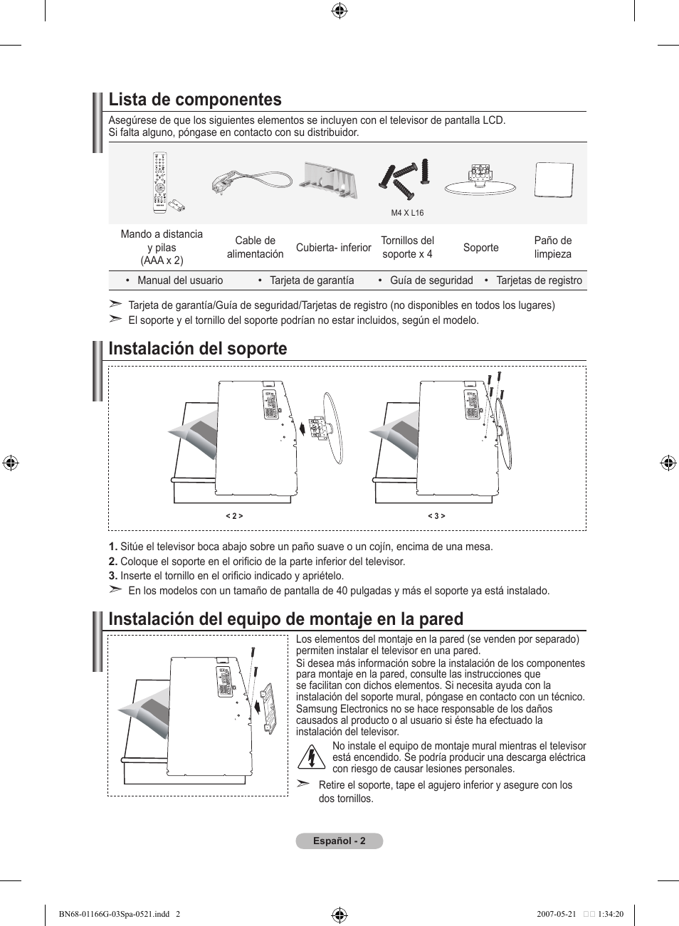 Lista de componentes, Instalación del soporte, Instalación del equipo de montaje en la pared | Samsung LE23R81B User Manual | Page 196 / 463