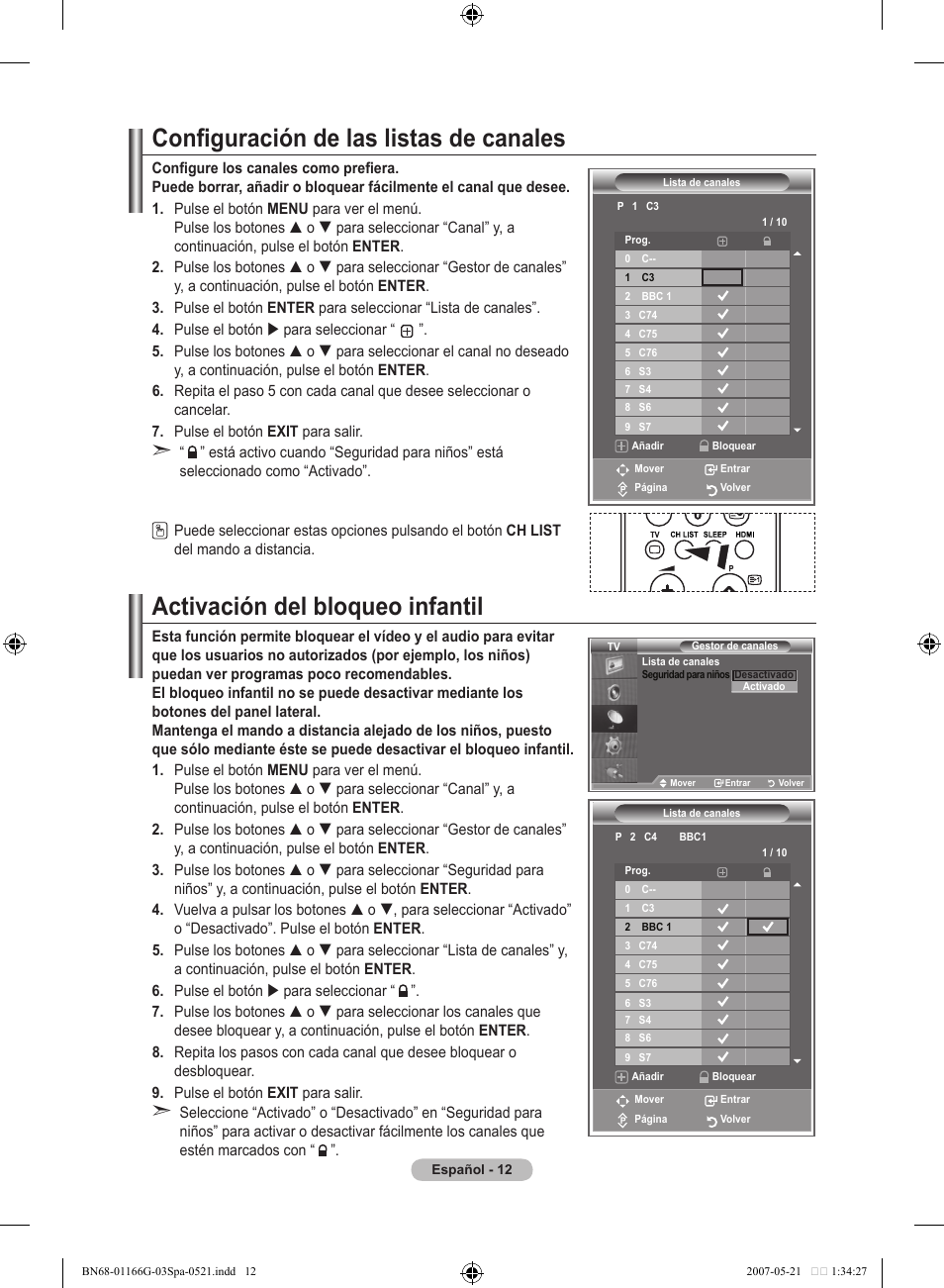 Configuración de las listas de canales, Activación del bloqueo infantil | Samsung LE23R81B User Manual | Page 206 / 463