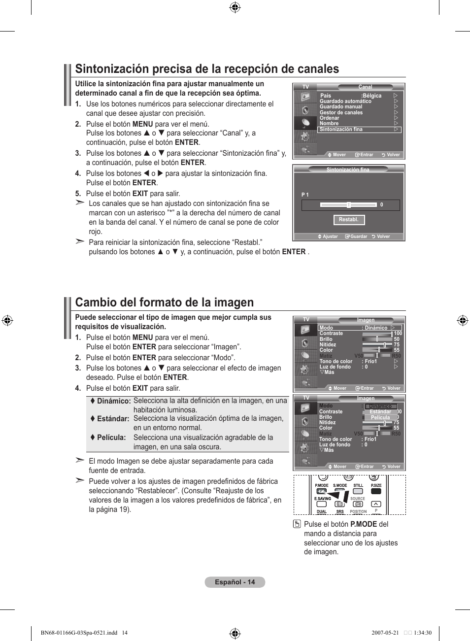 Sintonización precisa de la recepción de canales, Cambio del formato de la imagen | Samsung LE23R81B User Manual | Page 208 / 463