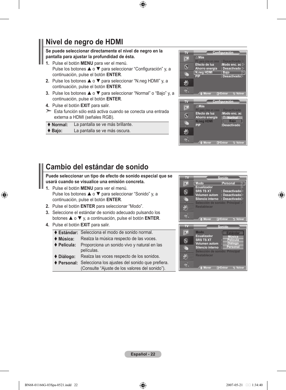 Nivel de negro de hdmi, Cambio del estándar de sonido | Samsung LE23R81B User Manual | Page 216 / 463