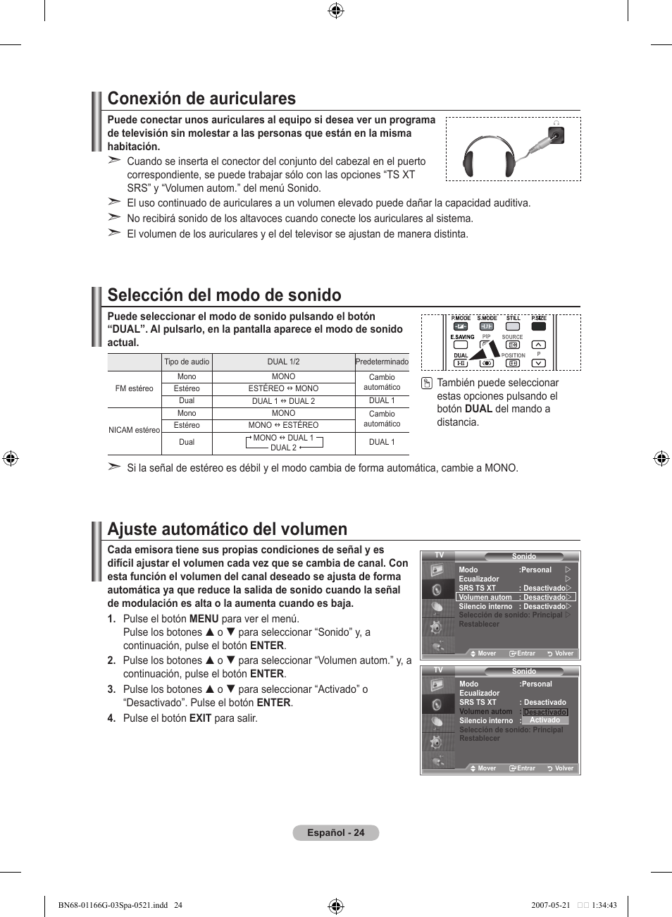 Conexión de auriculares, Selección del modo de sonido, Ajuste automático del volumen | Samsung LE23R81B User Manual | Page 218 / 463