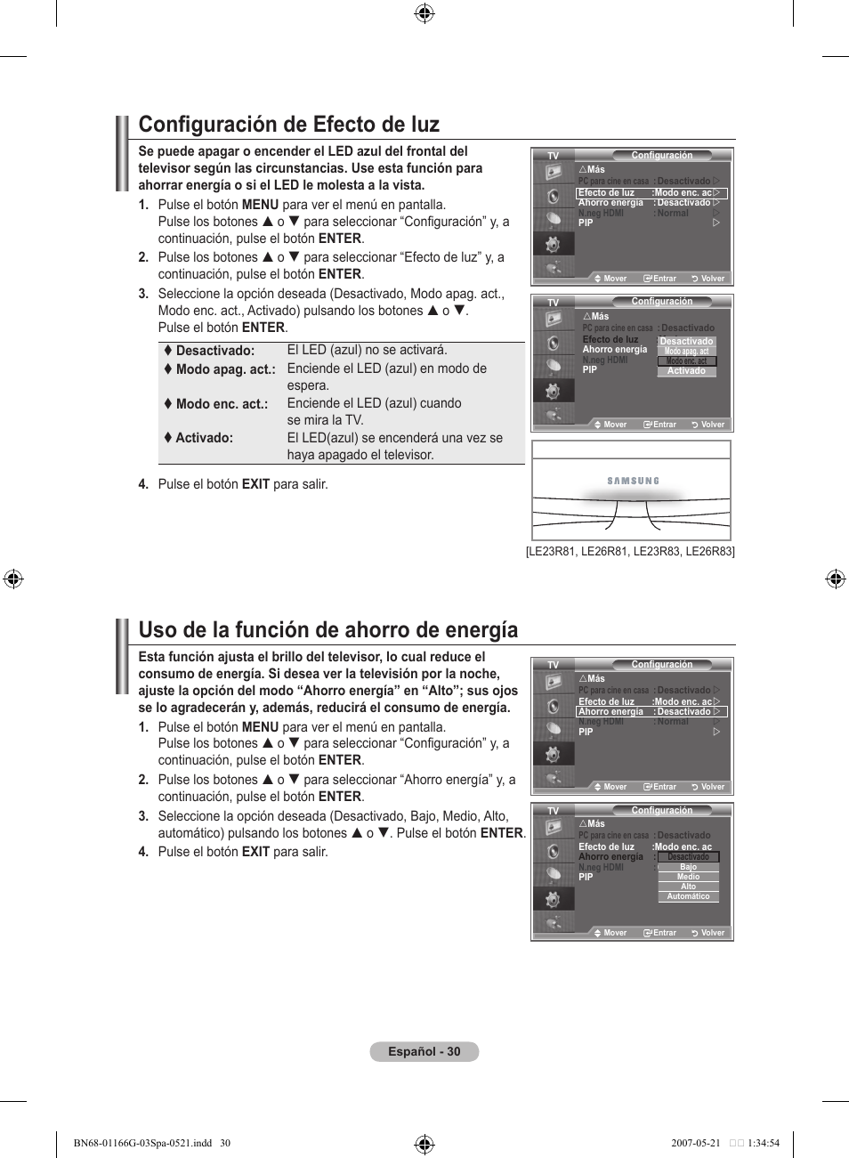 Configuración de efecto de luz, Uso de la función de ahorro de energía | Samsung LE23R81B User Manual | Page 224 / 463
