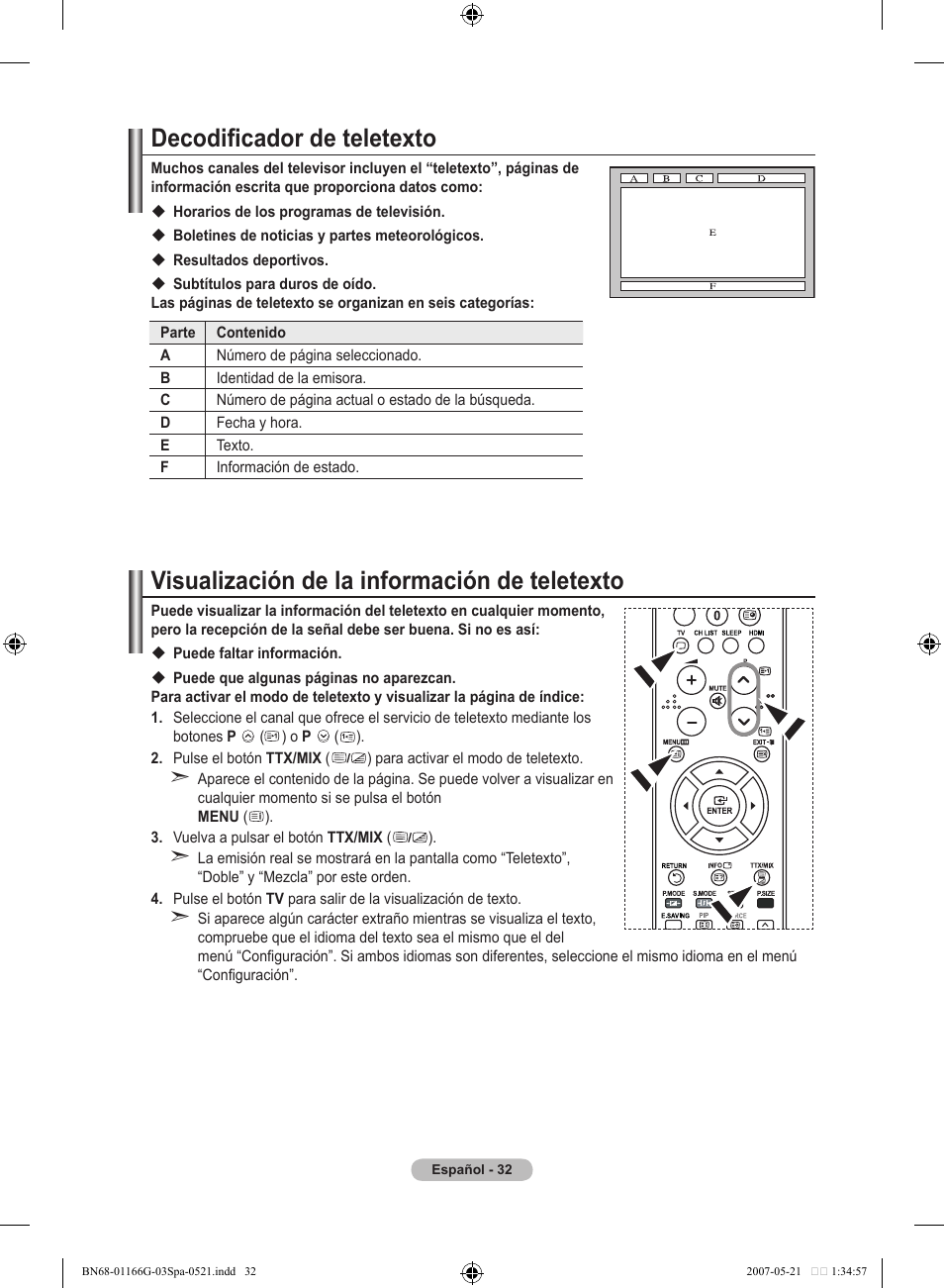 Decodificador de teletexto, Visualización de la información de teletexto | Samsung LE23R81B User Manual | Page 226 / 463