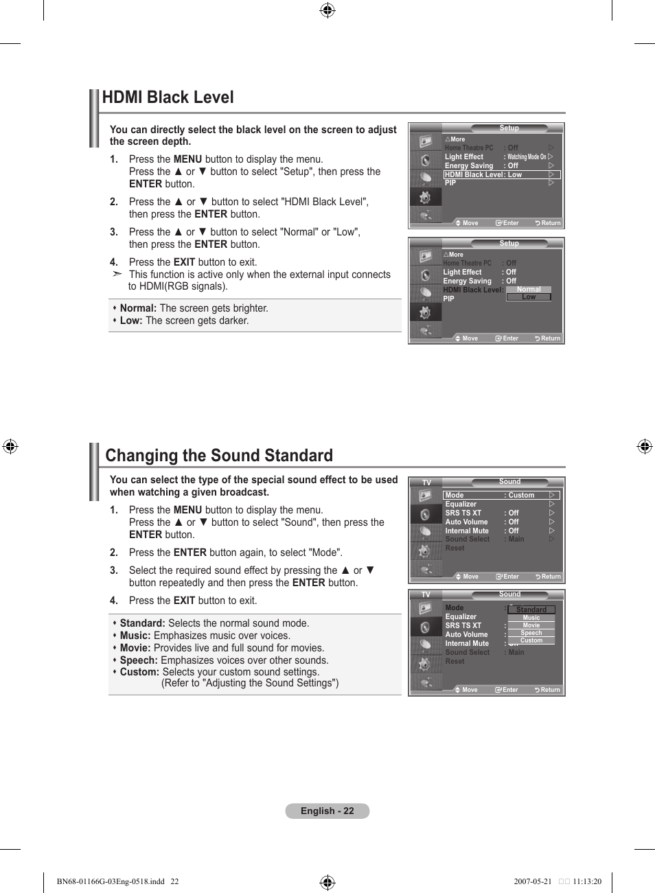 Hdmi black level, Setting the sound, Changing the sound standard | Samsung LE23R81B User Manual | Page 24 / 463