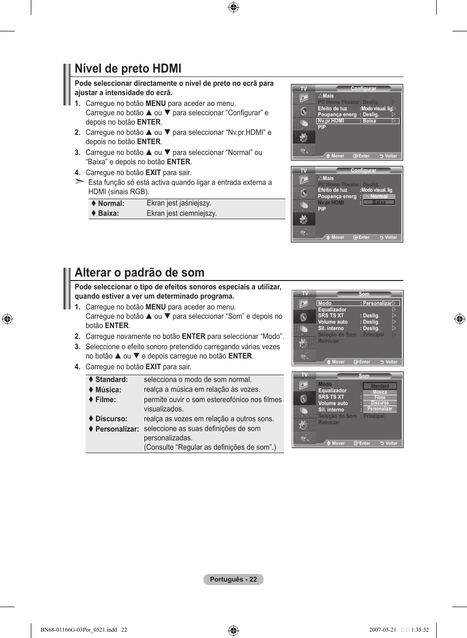Nível de preto hdmi, Alterar o padrão de som | Samsung LE23R81B User Manual | Page 254 / 463