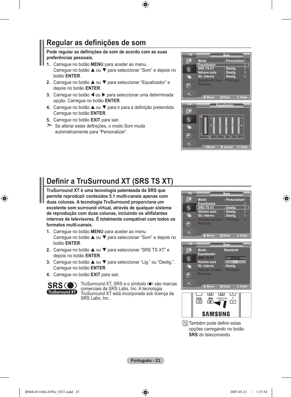 Regular as definições de som, Definir a trusurround xt (srs ts xt) | Samsung LE23R81B User Manual | Page 255 / 463