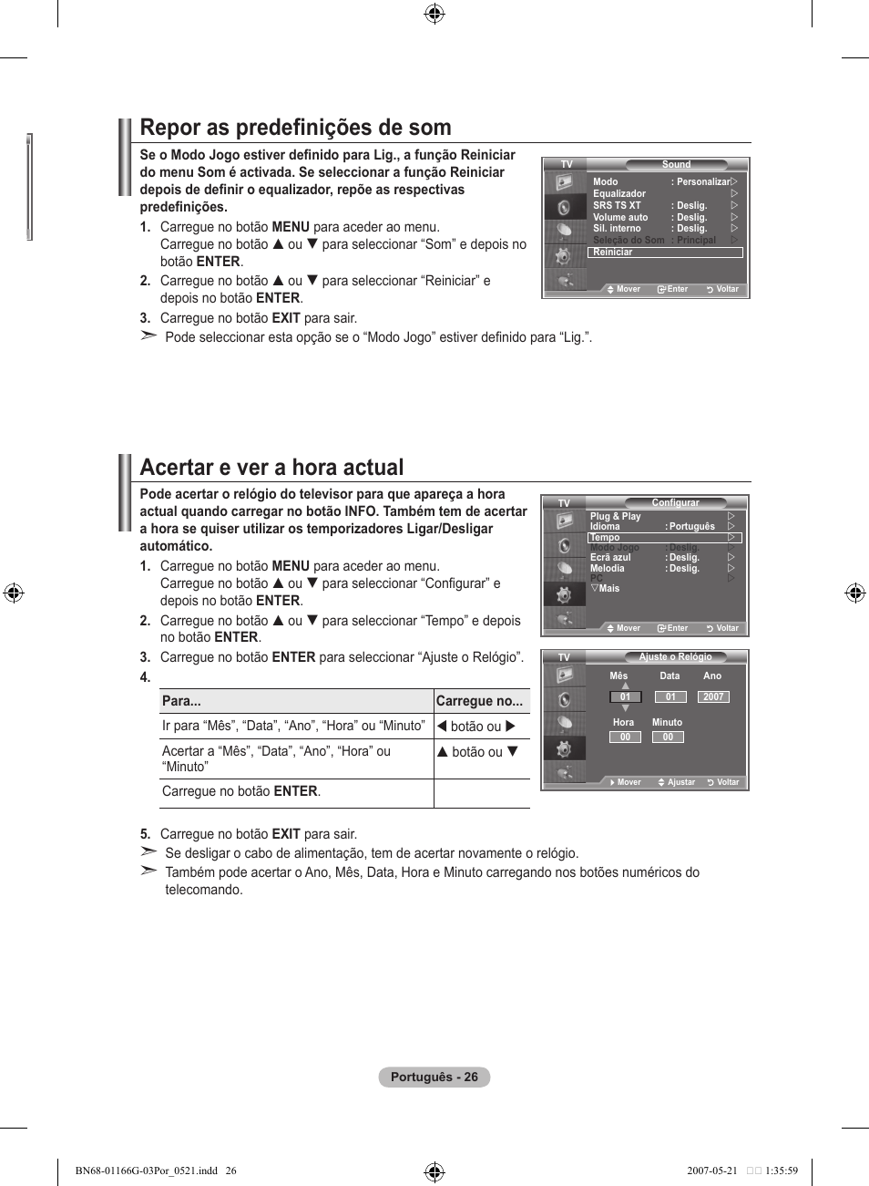 Repor as predefinições de som, Acertar e ver a hora actual | Samsung LE23R81B User Manual | Page 258 / 463