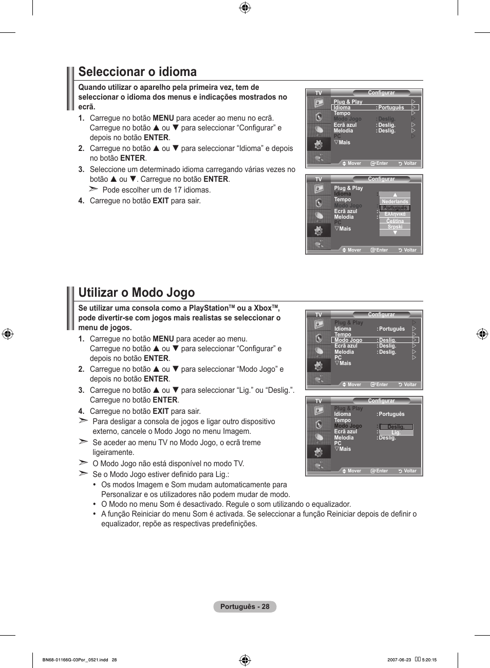 Seleccionar o idioma, Utilizar o modo jogo | Samsung LE23R81B User Manual | Page 260 / 463