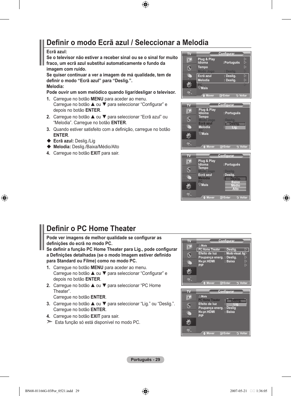 Definir o modo ecrã azul / seleccionar a melodia, Definir o pc home theater | Samsung LE23R81B User Manual | Page 261 / 463