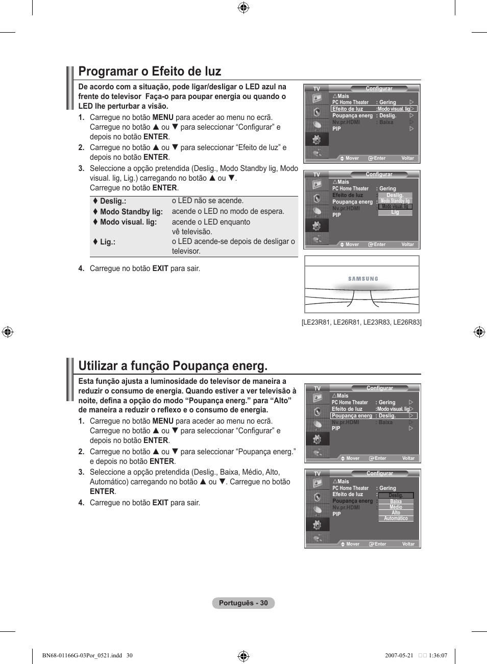 Programar o efeito de luz, Utilizar a função poupança energ | Samsung LE23R81B User Manual | Page 262 / 463