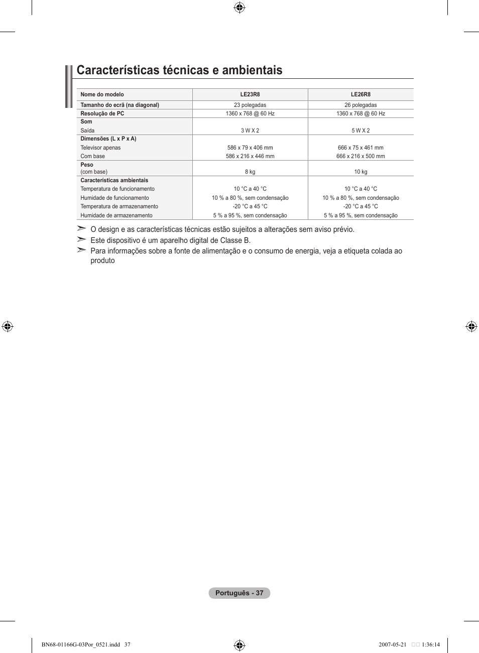 Características técnicas e ambientais | Samsung LE23R81B User Manual | Page 269 / 463