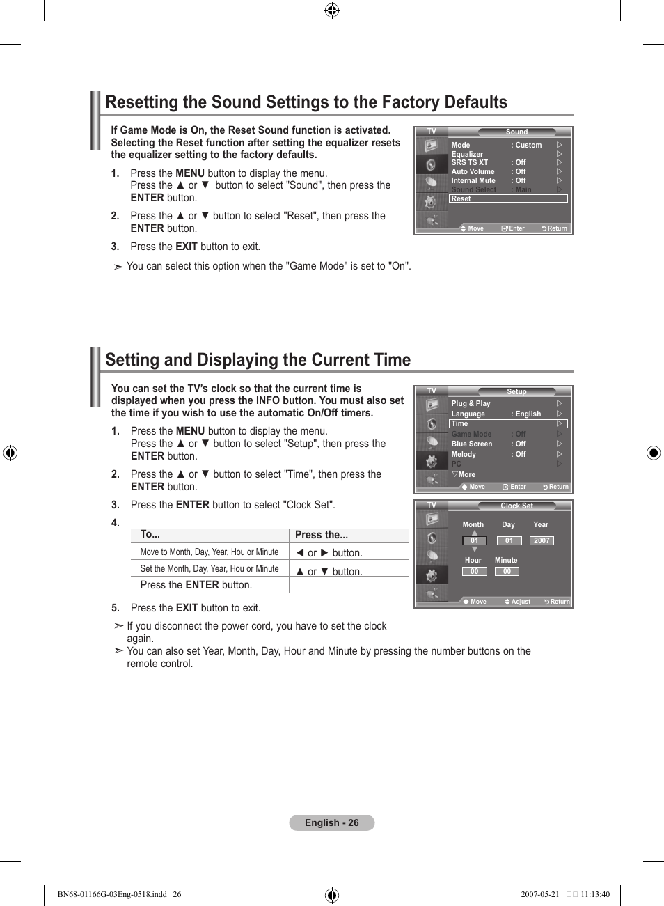 Setting the time, Setting and displaying the current time | Samsung LE23R81B User Manual | Page 28 / 463