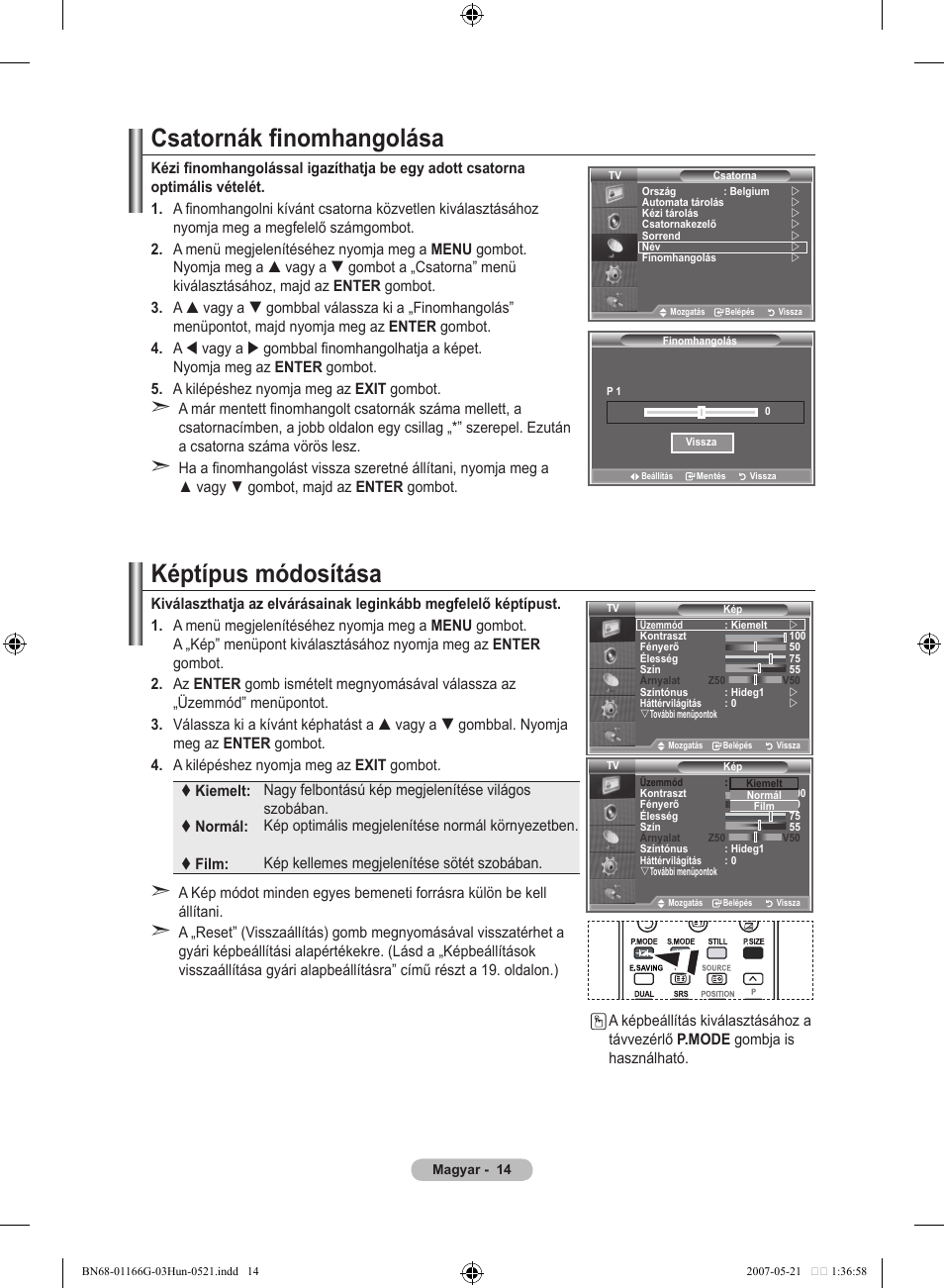 Csatornák finomhangolása, Képtípus módosítása | Samsung LE23R81B User Manual | Page 284 / 463