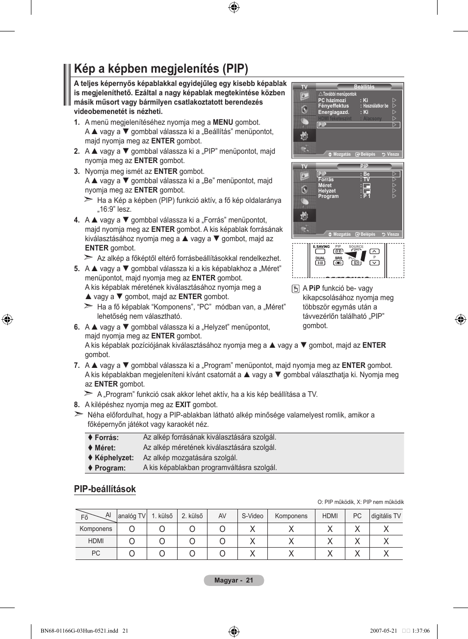 Kép a képben megjelenítés (pip), Pip-beállítások | Samsung LE23R81B User Manual | Page 291 / 463