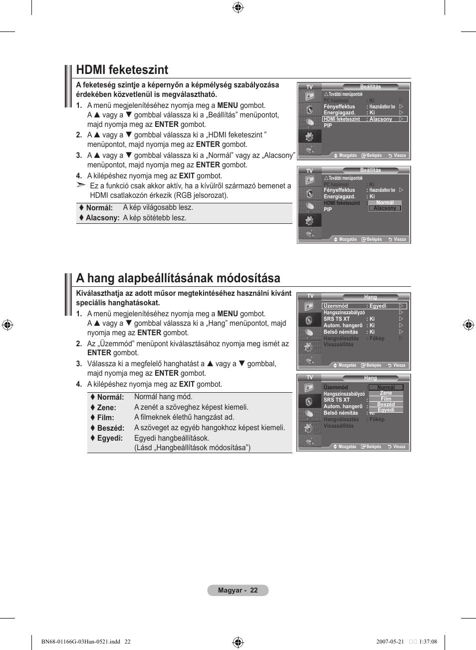 Hdmi feketeszint, A hang alapbeállításának módosítása | Samsung LE23R81B User Manual | Page 292 / 463