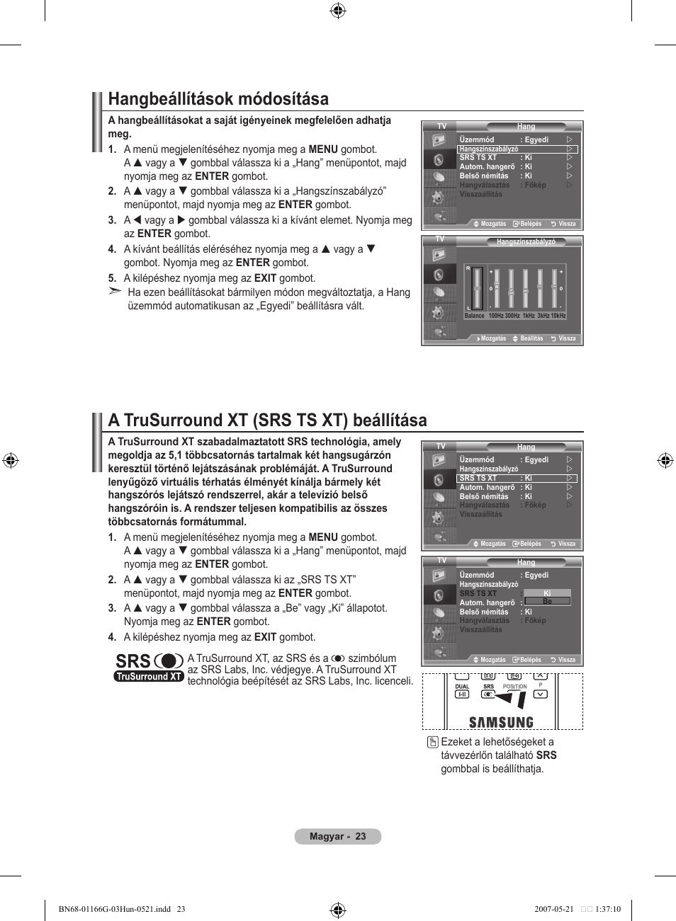 Hangbeállítások módosítása, A trusurround xt (srs ts xt) beállítása | Samsung LE23R81B User Manual | Page 293 / 463