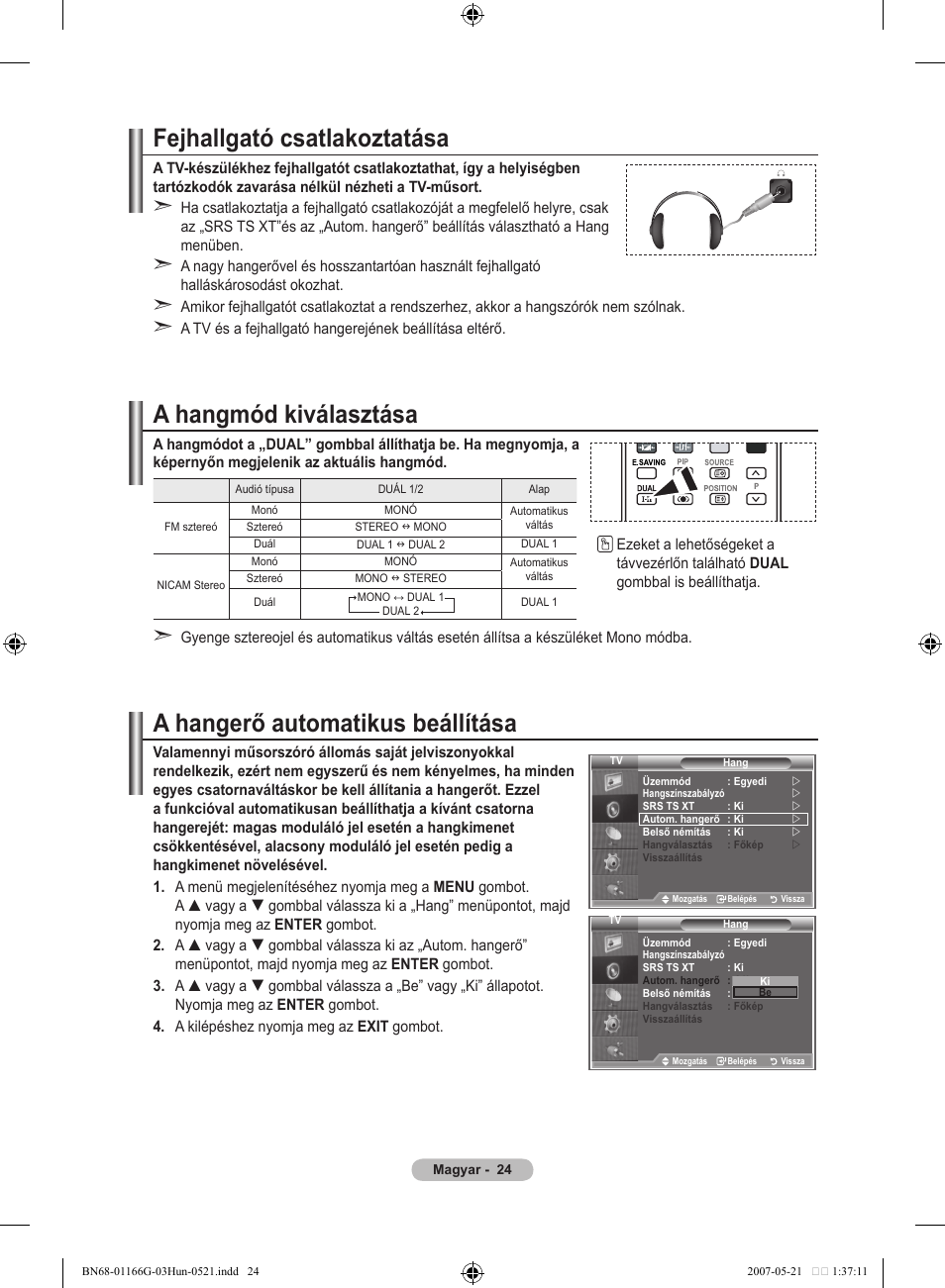 Fejhallgató csatlakoztatása, A hangmód kiválasztása, A hangerő automatikus beállítása | Samsung LE23R81B User Manual | Page 294 / 463