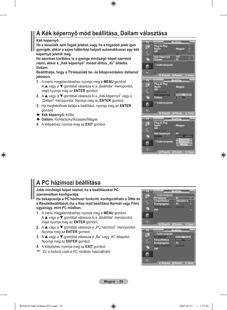 A kék képernyő mód beállítása, dallam választása, A pc házimozi beállítása | Samsung LE23R81B User Manual | Page 299 / 463