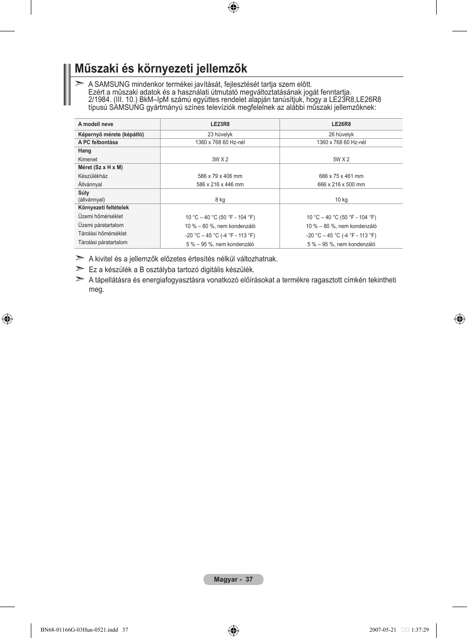 Műszaki és környezeti jellemzők | Samsung LE23R81B User Manual | Page 307 / 463